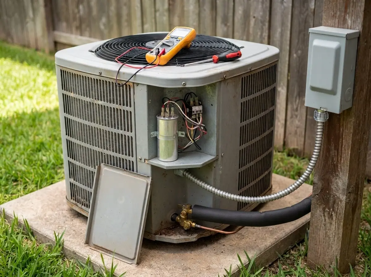 Outdoor air conditioner with its electrical panel open for repair